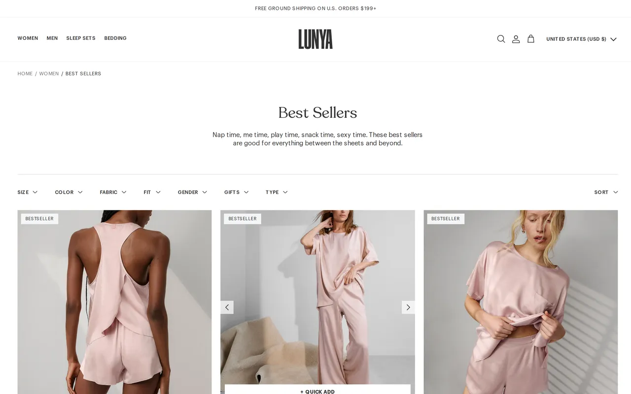 Lunya Product Listing (PLP), category listing page, captured Oct 26, 2026