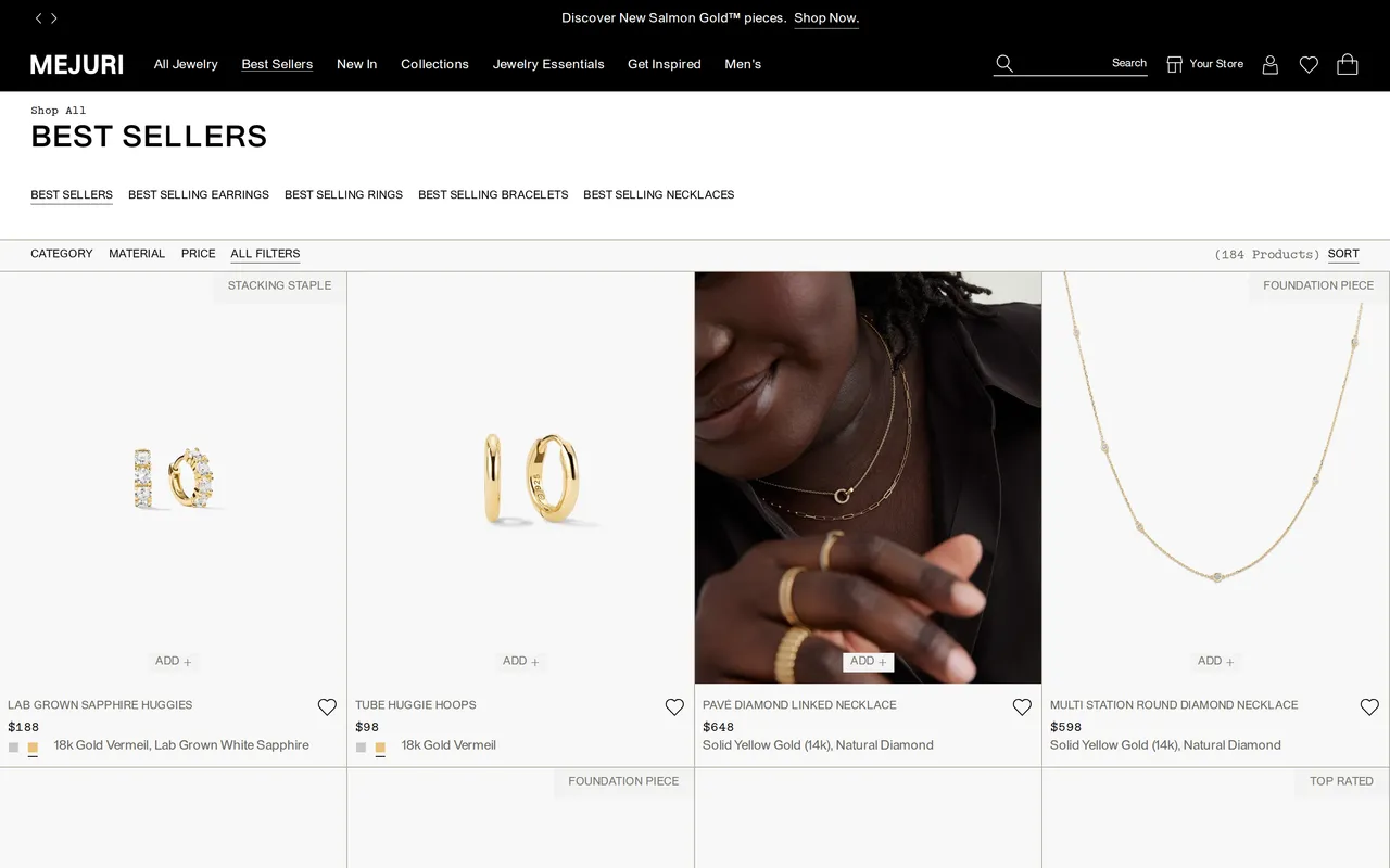 Mejuri Product Listing (PLP), category listing page, captured Oct 26, 2026
