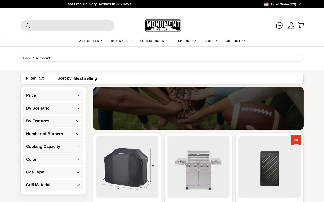 Monument Grills Product Listing (PLP), category listing page, captured Oct 18, 2026