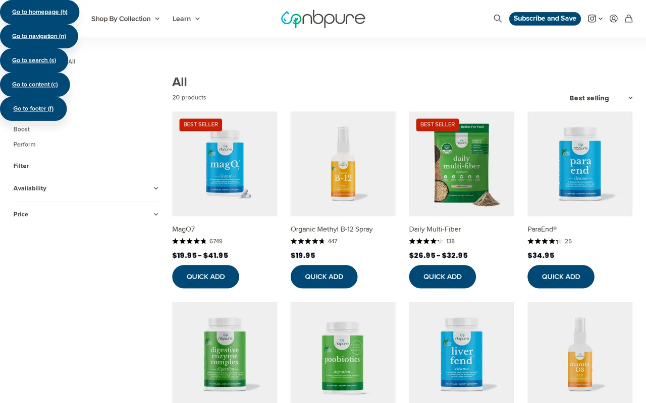 NBPure Product Listing (PLP), category listing page, captured Oct 26, 2026
