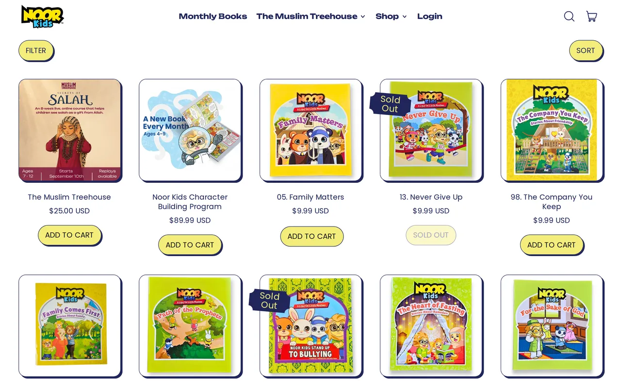 Noor Kids Product Listing (PLP), category listing page, captured Oct 24, 2026