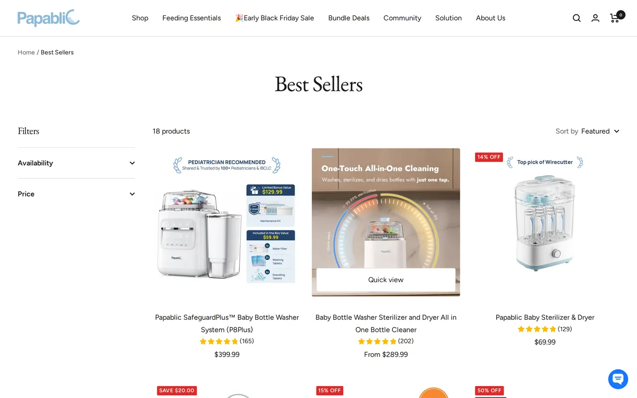 Papablic Product Listing (PLP), category listing page, captured Oct 25, 2026