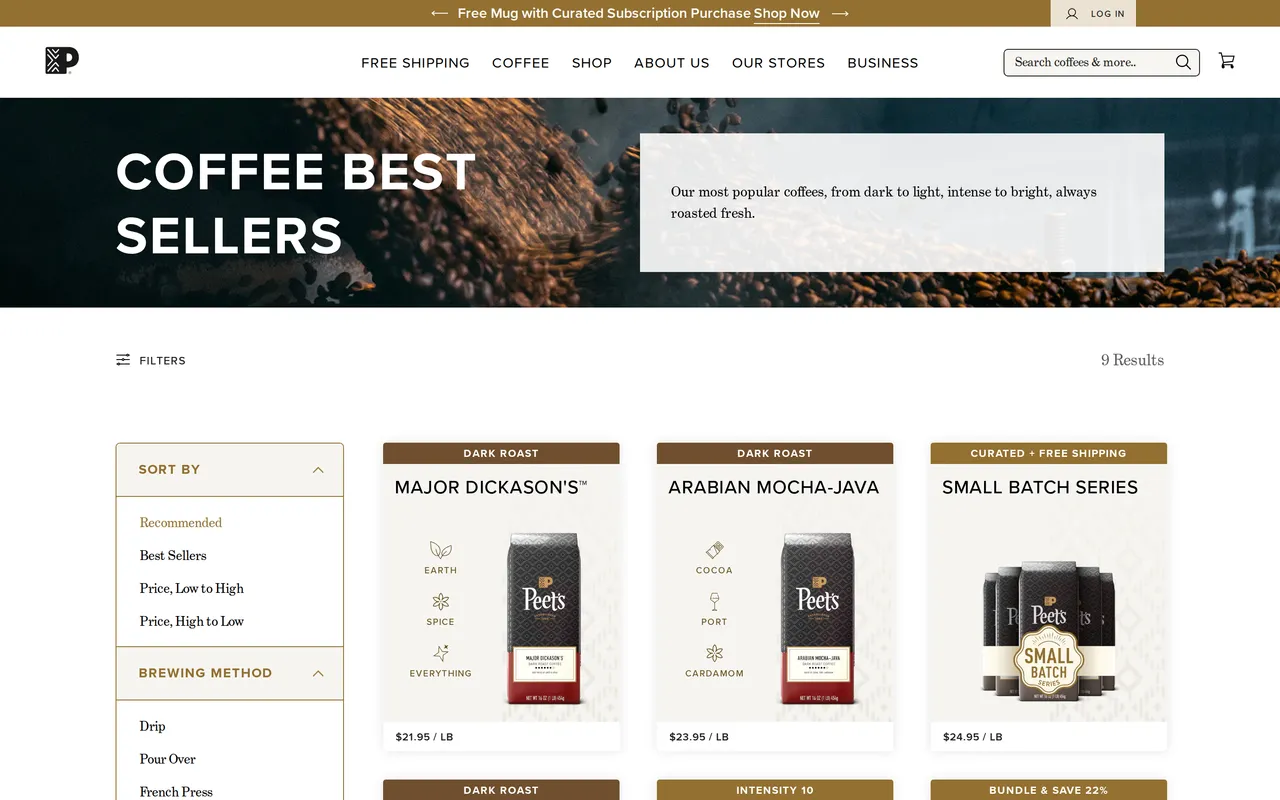 Peet's Product Listing (PLP), category listing page, captured Oct 26, 2026