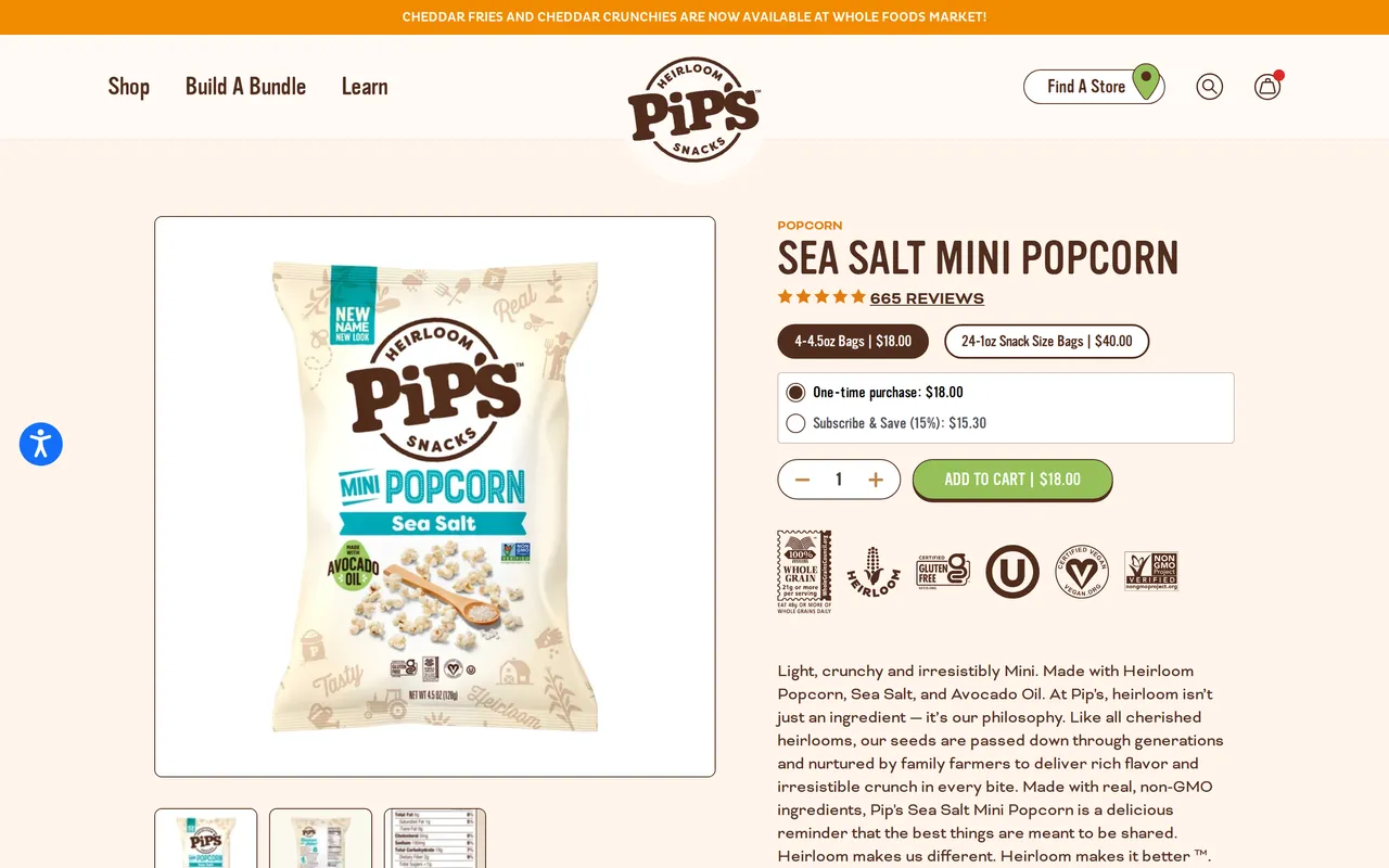 Pip's Heirloom Snacks Product Detail (PDP), product detail page, captured Oct 26, 2026