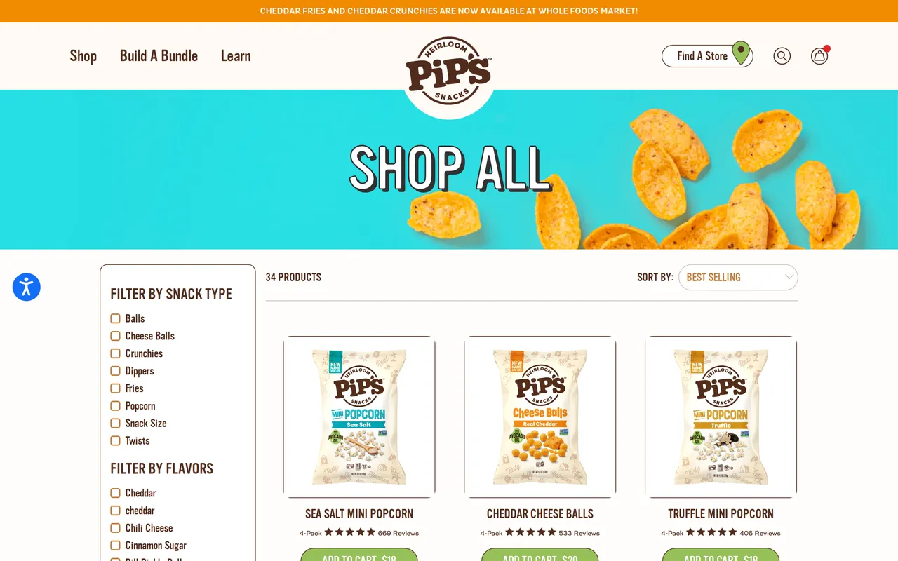 Pip's Heirloom Snacks Product Listing (PLP), category listing page, captured Oct 26, 2026