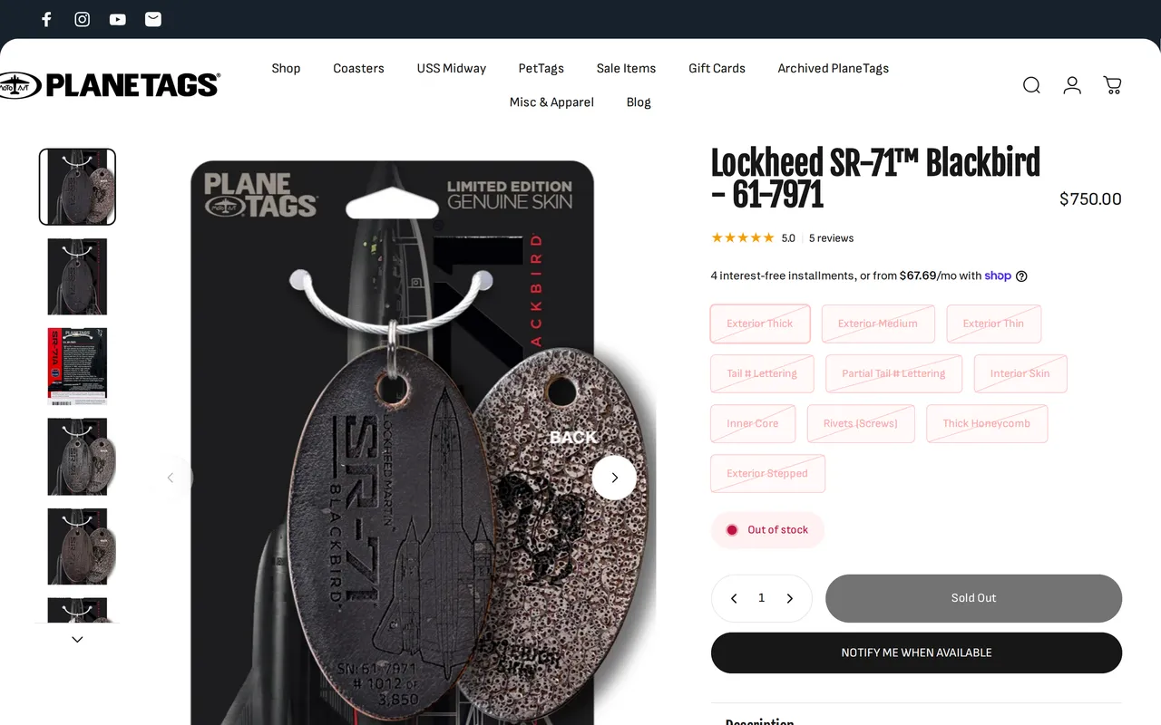 Plane Tags Product Detail (PDP), product detail page, captured Oct 26, 2026