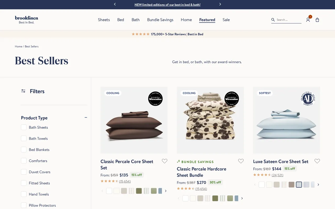 brooklinen.com category listing page
