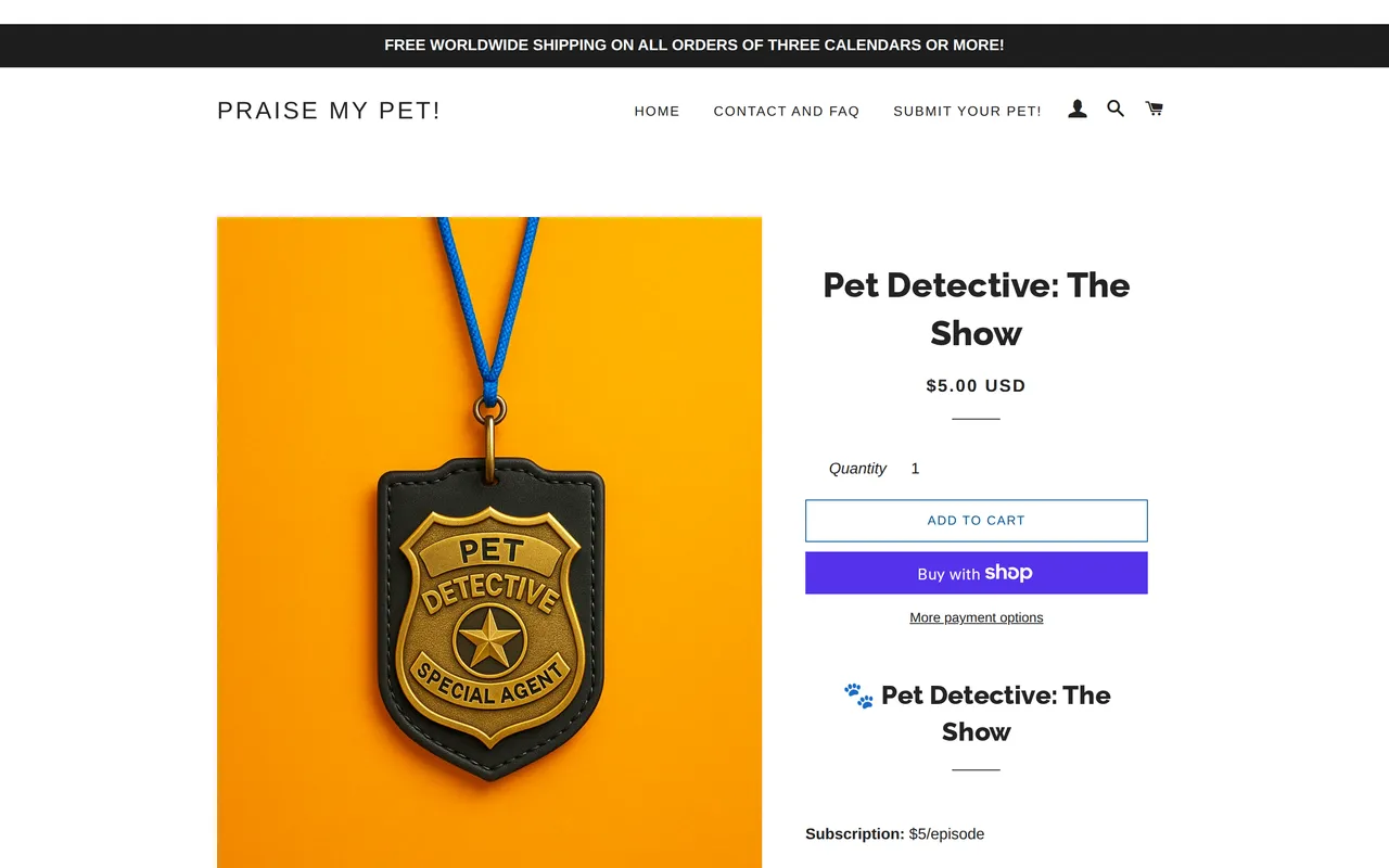 Praise My Pet! Product Detail (PDP), product detail page, captured Oct 26, 2026
