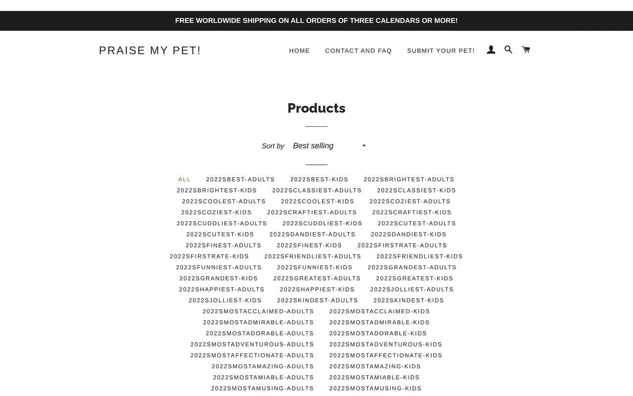 Praise My Pet! Product Listing (PLP), category listing page, captured Oct 26, 2026
