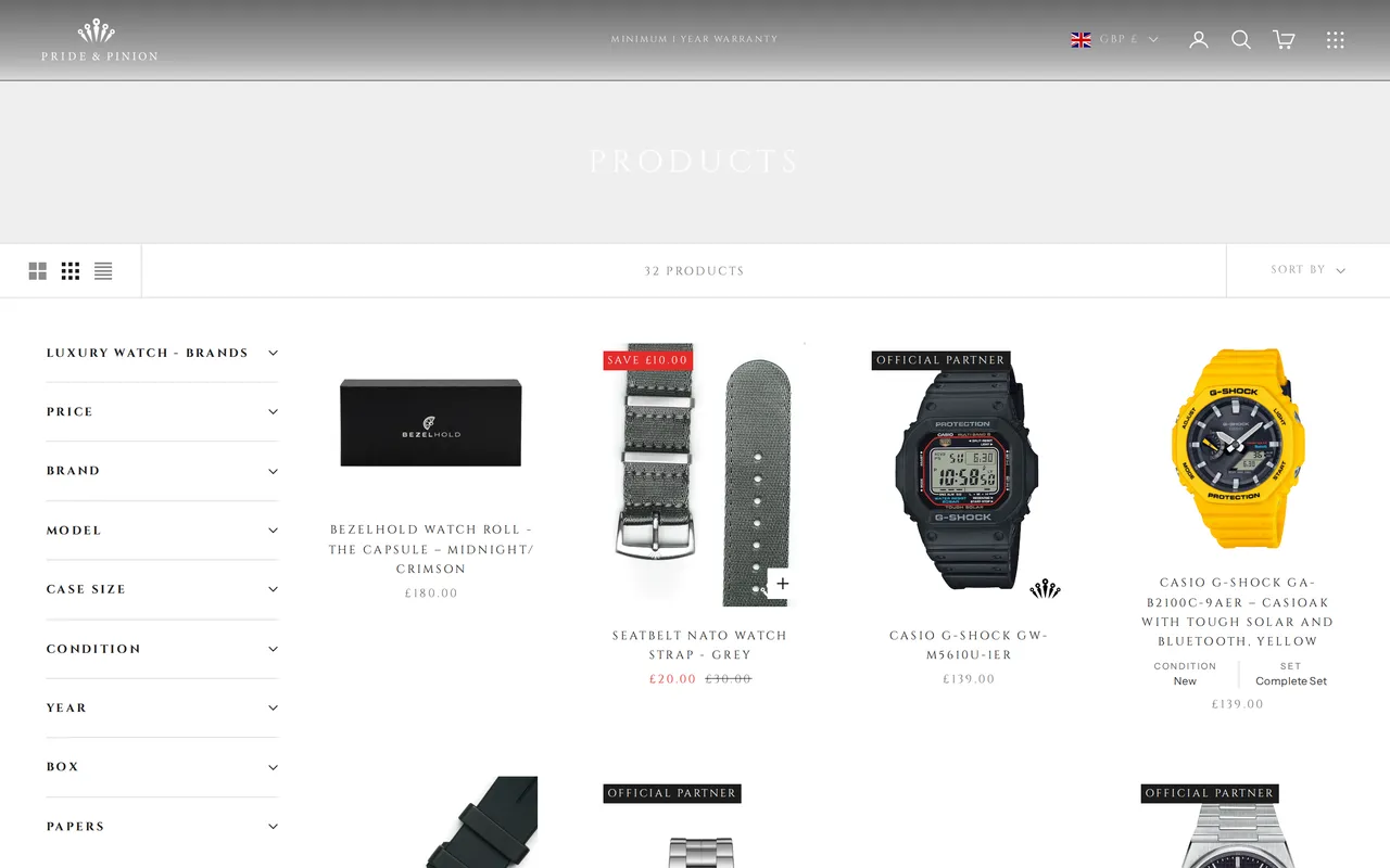 Pride & Pinion Product Listing (PLP), category listing page, captured Oct 19, 2026