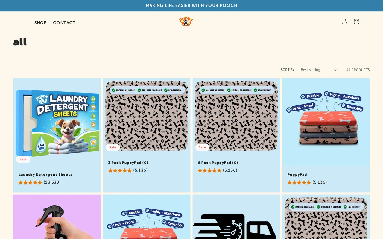 PuppyPad Product Listing (PLP), category listing page, captured Oct 26, 2026