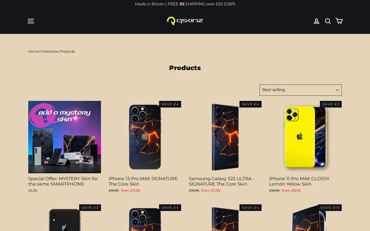 Qskinz Product Listing (PLP), category listing page, captured Oct 18, 2026