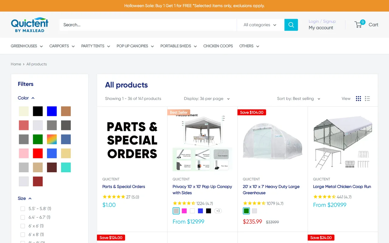 Quictent Product Listing (PLP), category listing page, captured Oct 26, 2026