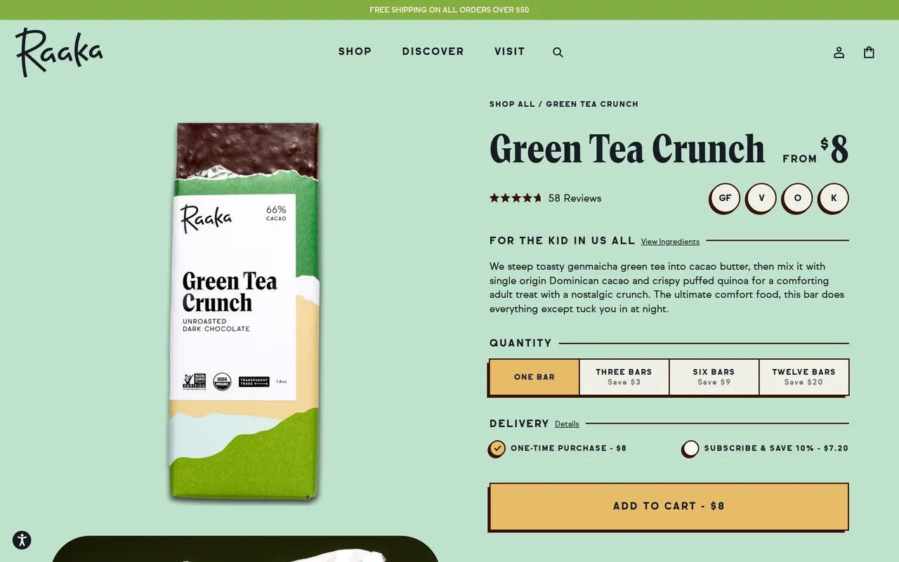 Raaka Chocolate Product Detail (PDP), product detail page, captured Oct 26, 2026