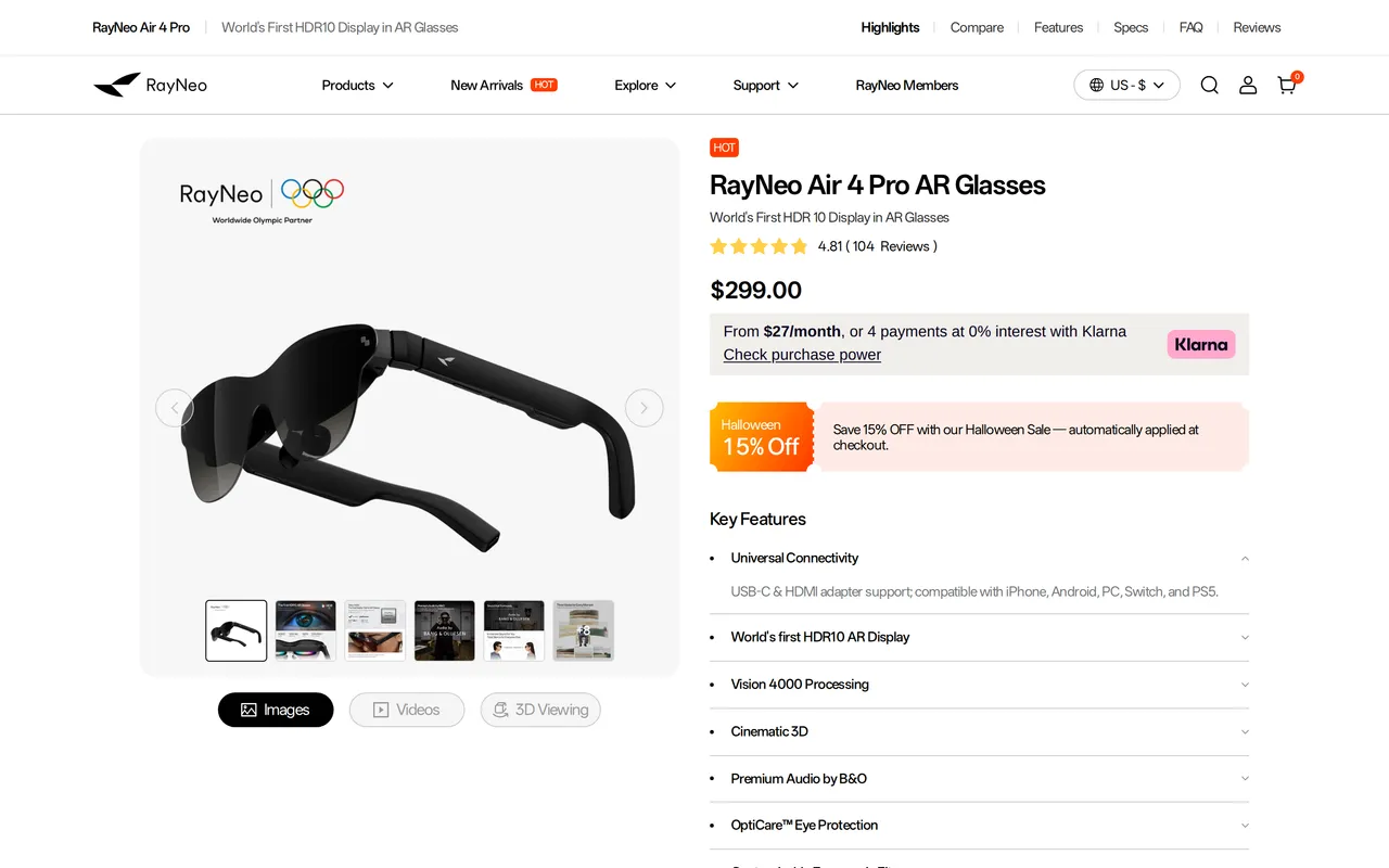 RayNeo Product Detail (PDP), product detail page, captured Oct 26, 2026