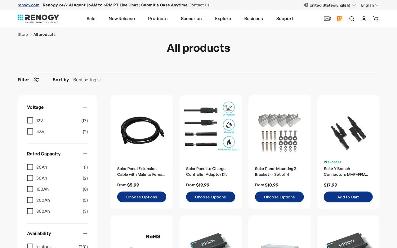 Renogy Product Listing (PLP), category listing page, captured Oct 26, 2026