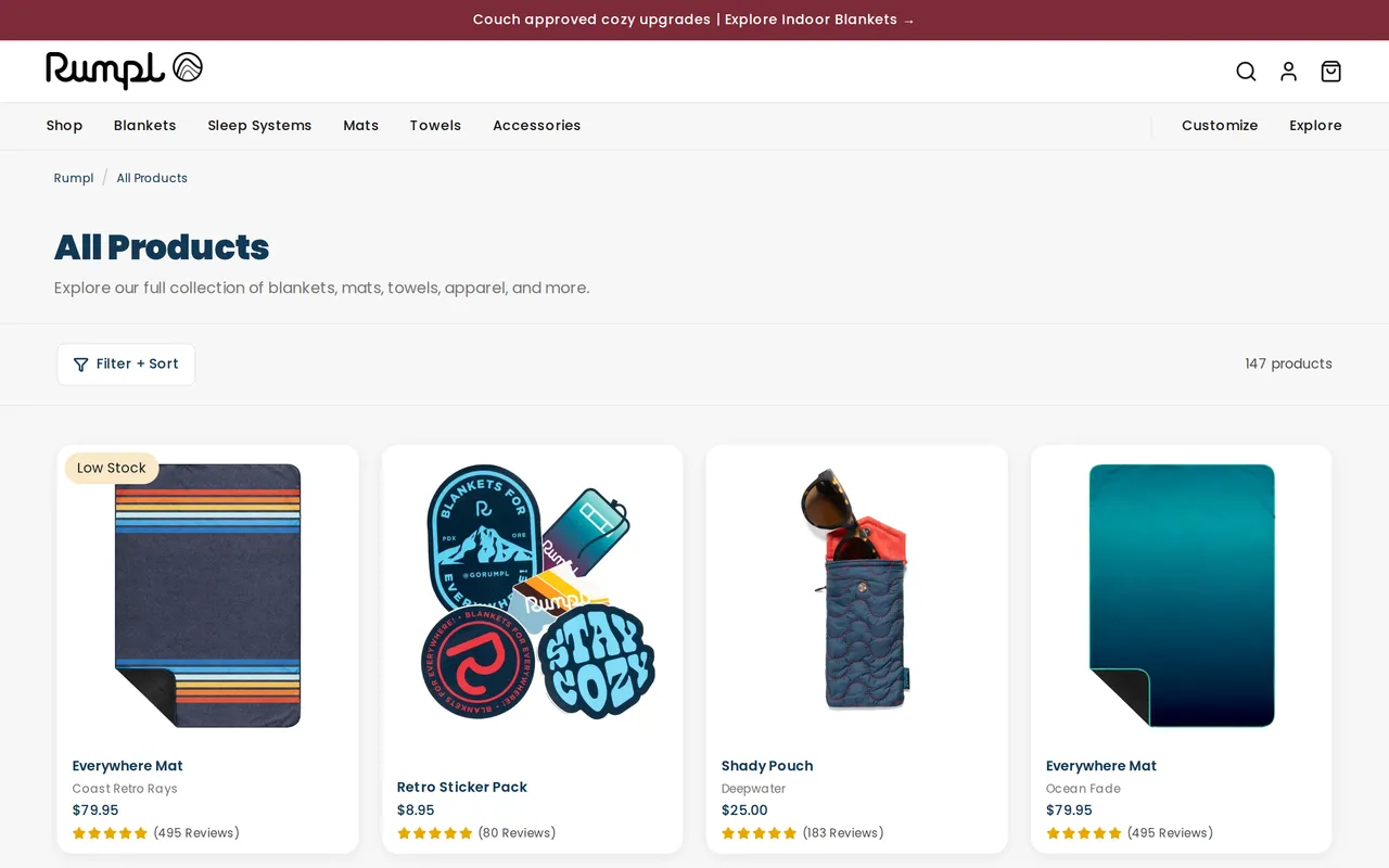 Rumpl Product Listing (PLP), category listing page, captured Oct 26, 2026