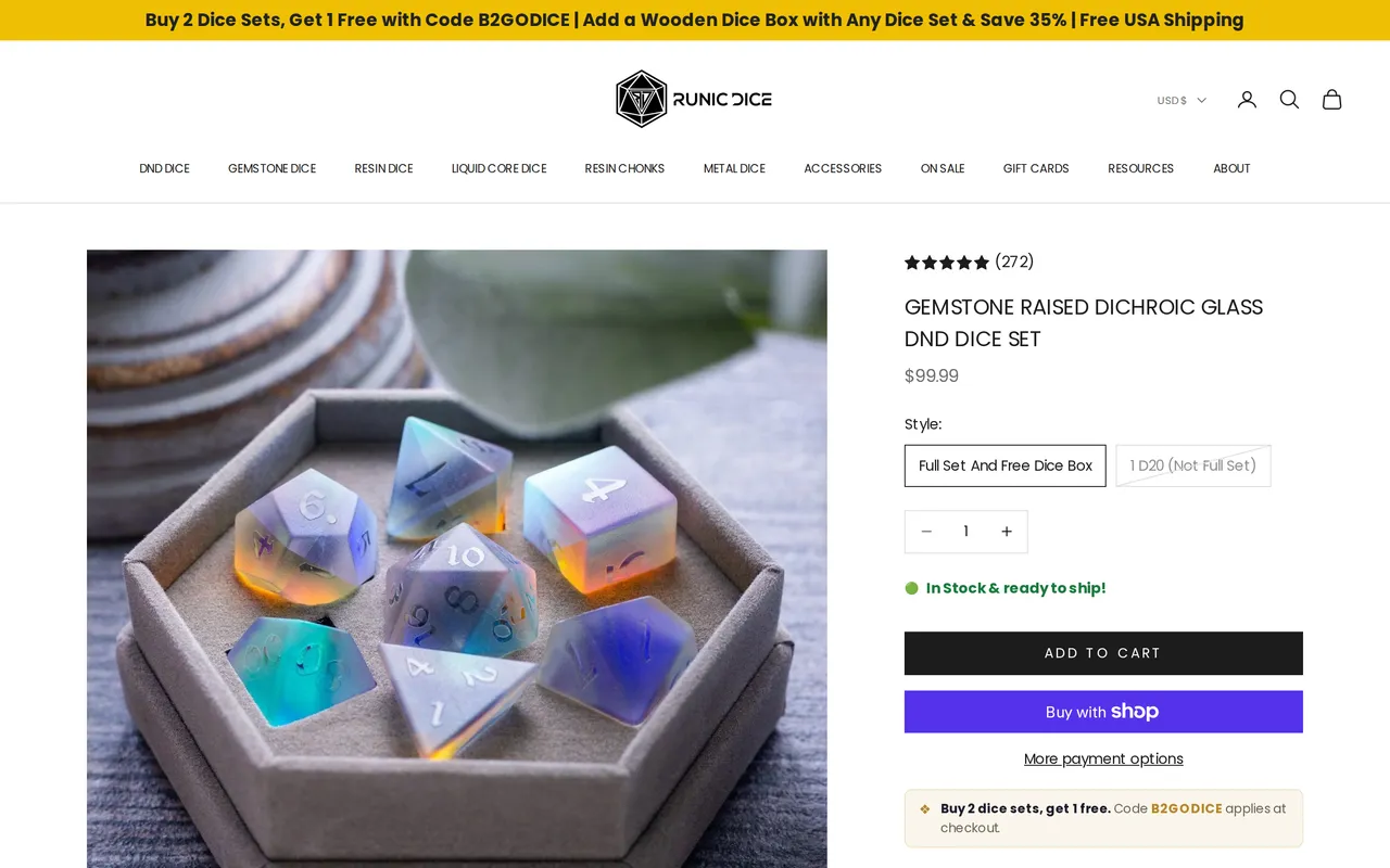 Runic Dice Product Detail (PDP), product detail page, captured Oct 25, 2026