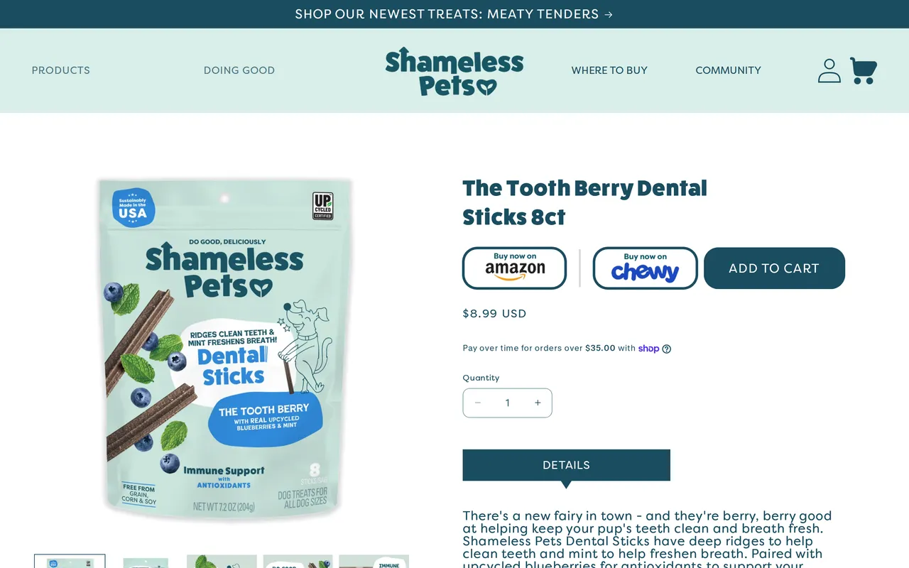 Shameless Pets Product Detail (PDP), product detail page, captured Oct 26, 2026