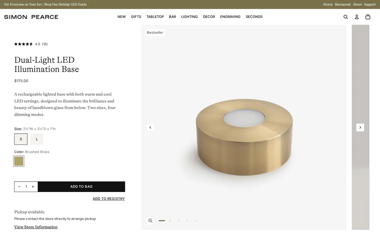 Simon Pearce Product Detail (PDP), product detail page, captured Oct 26, 2026