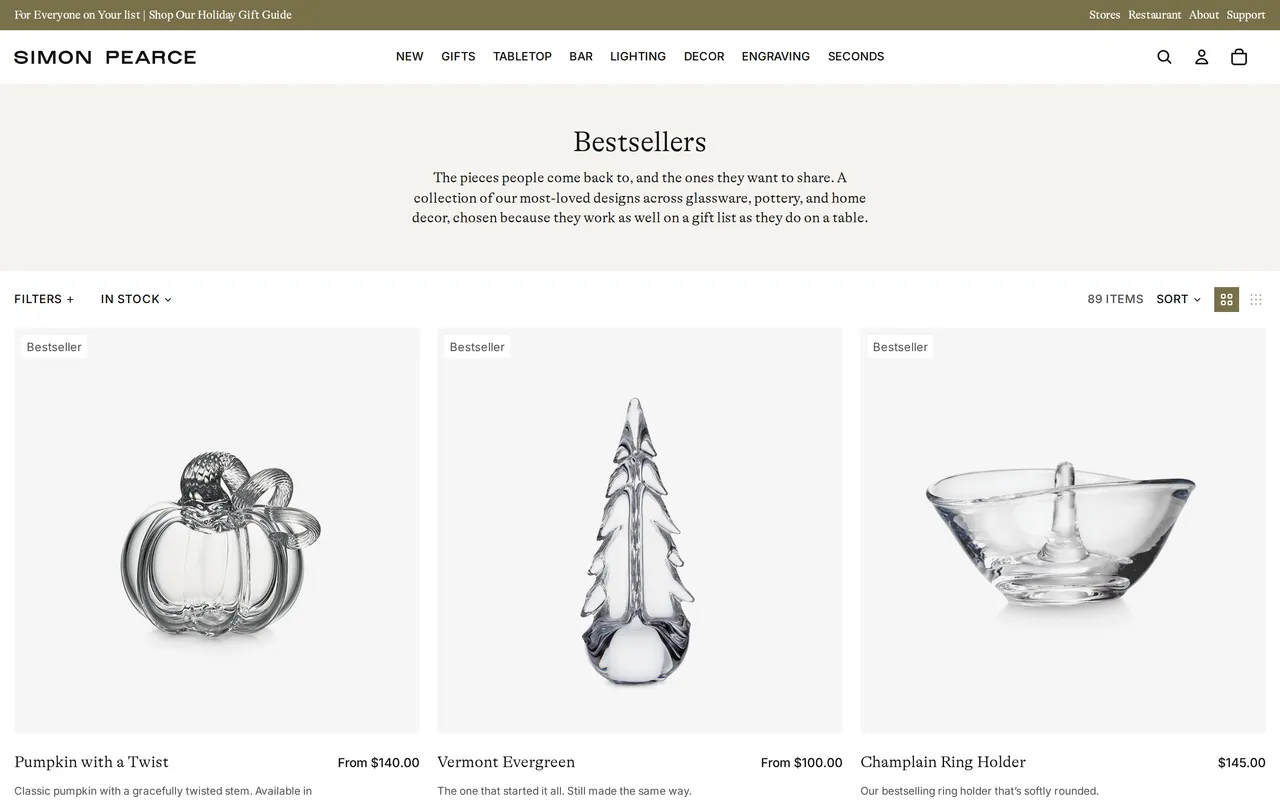 Simon Pearce Product Listing (PLP), category listing page, captured Oct 26, 2026