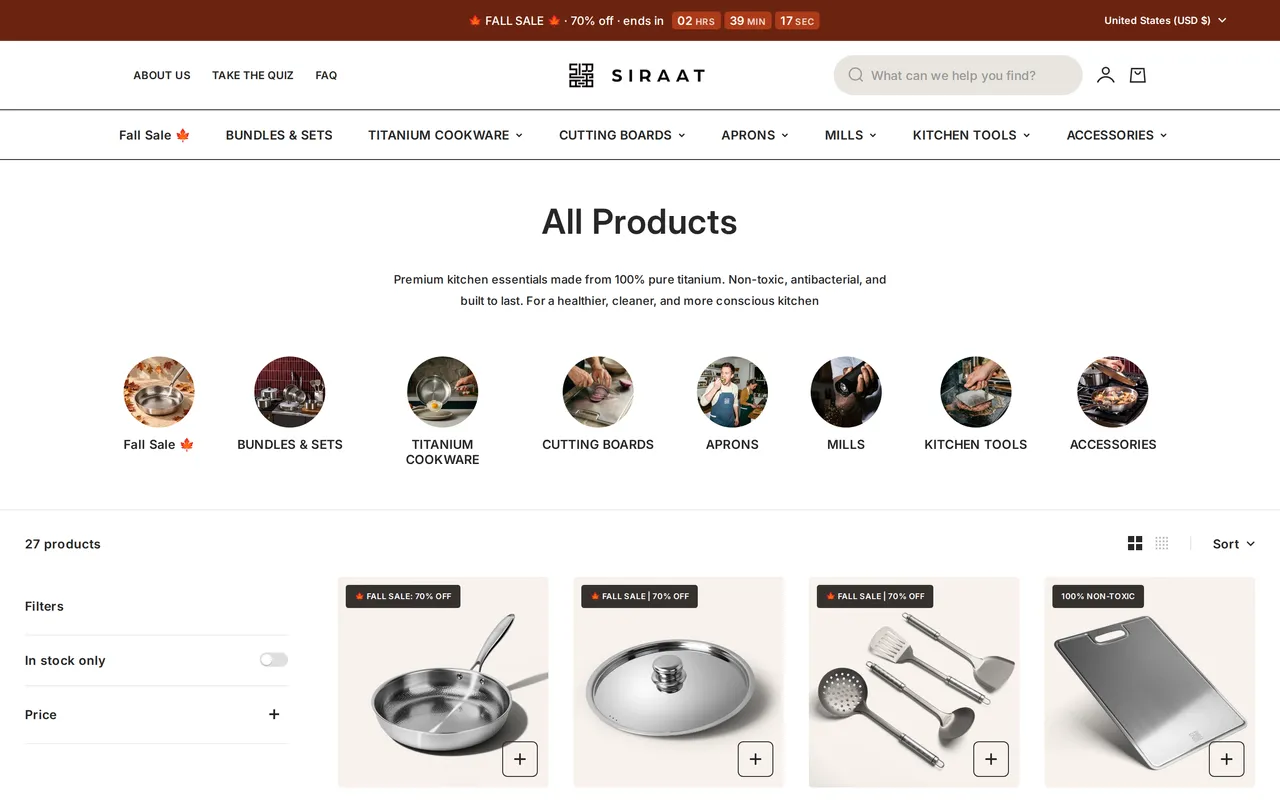 Siraat's Kitchen Product Listing (PLP), category listing page, captured Oct 26, 2026