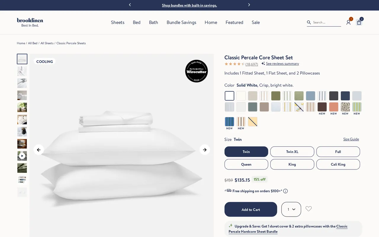 brooklinen.com PDP with the size guide unopened