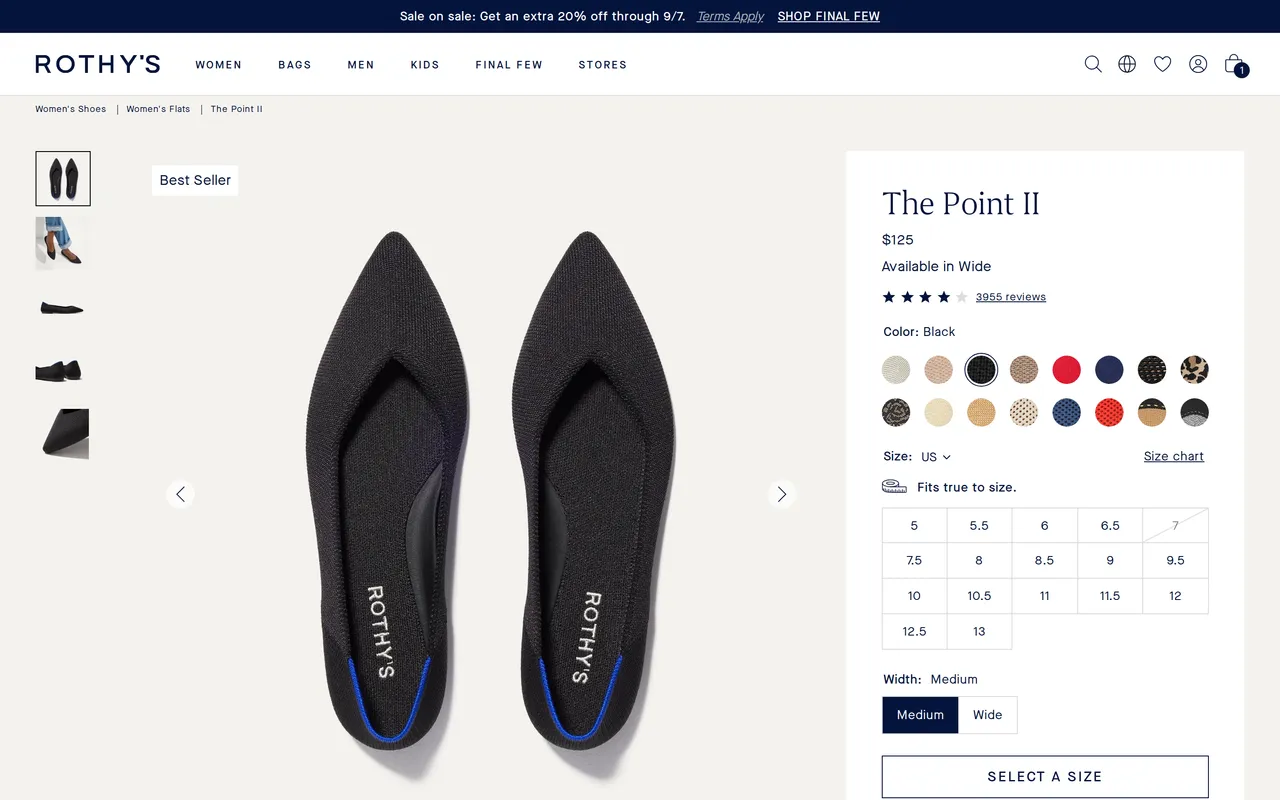 rothys.com PDP with the size guide unopened