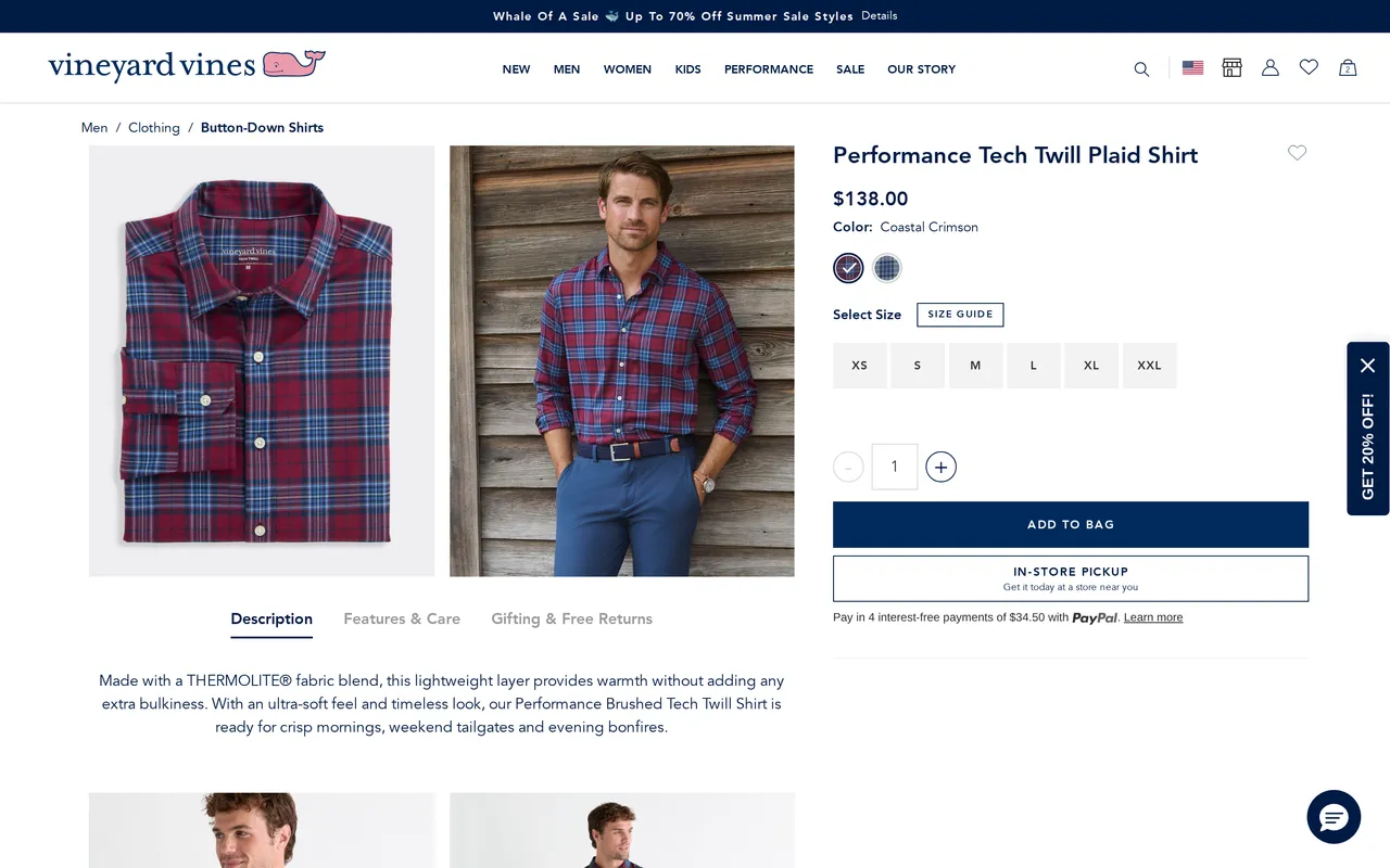 vineyardvines.com PDP with the size guide unopened