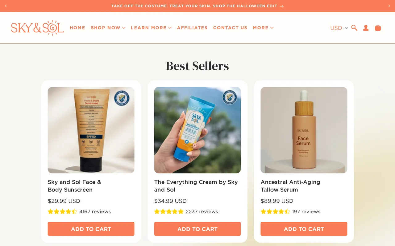 Sky & Sol Product Listing (PLP), category listing page, captured Oct 26, 2026