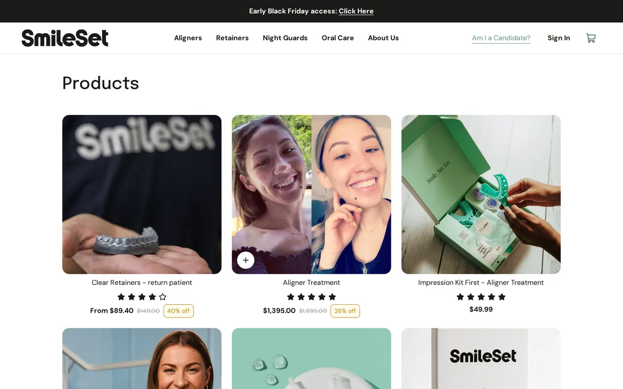 SmileSet Product Listing (PLP), category listing page, captured Oct 26, 2026