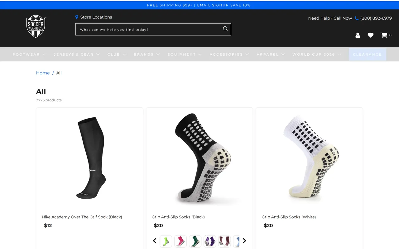 Soccer Wearhouse Product Listing (PLP), category listing page, captured Oct 18, 2026