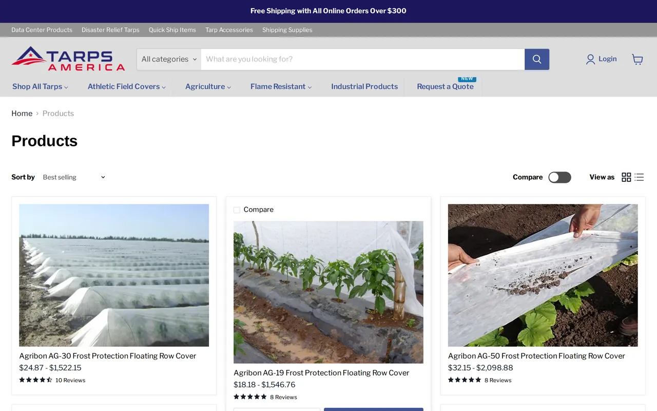 Tarps America Product Listing (PLP), category listing page, captured Oct 26, 2026