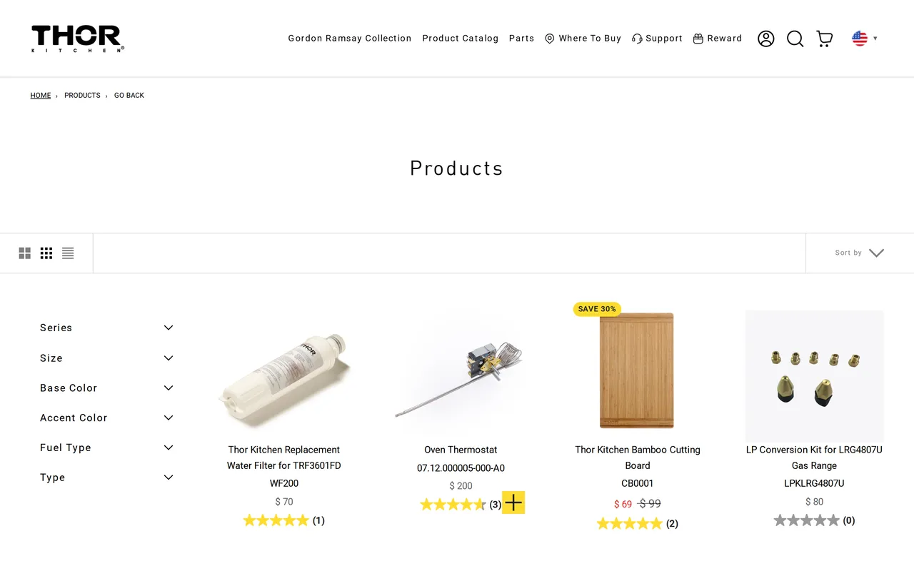 Thor Kitchen Product Listing (PLP), category listing page, captured Oct 18, 2026