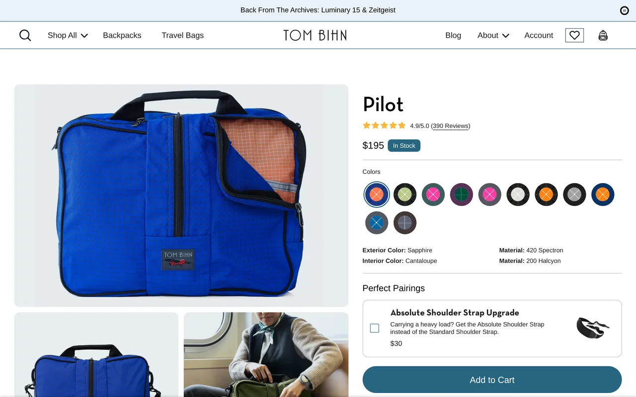 Tom Bihn Product Detail (PDP), product detail page, captured Oct 26, 2026