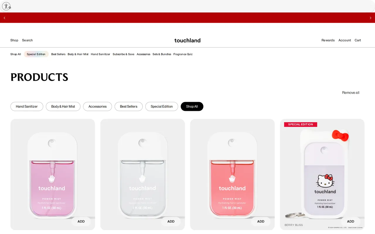 Touchland Product Listing (PLP), category listing page, captured Oct 26, 2026