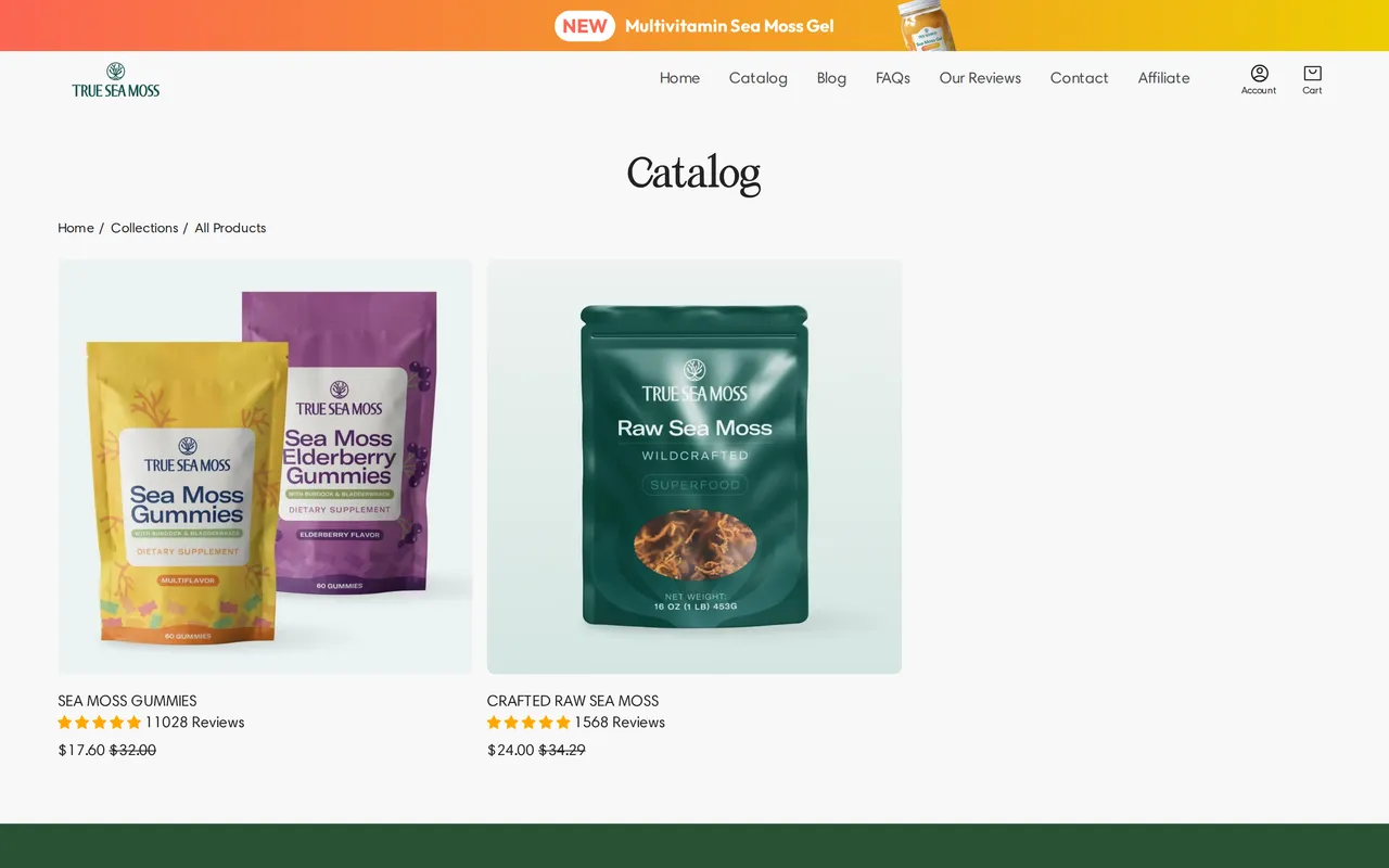True Sea Moss Product Listing (PLP), category listing page, captured Oct 26, 2026