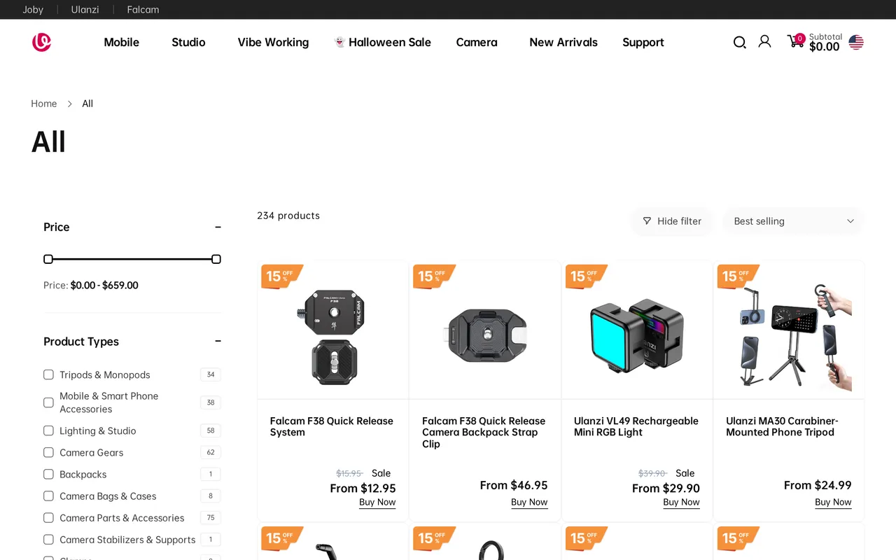 Ulanzi Product Listing (PLP), category listing page, captured Oct 26, 2026