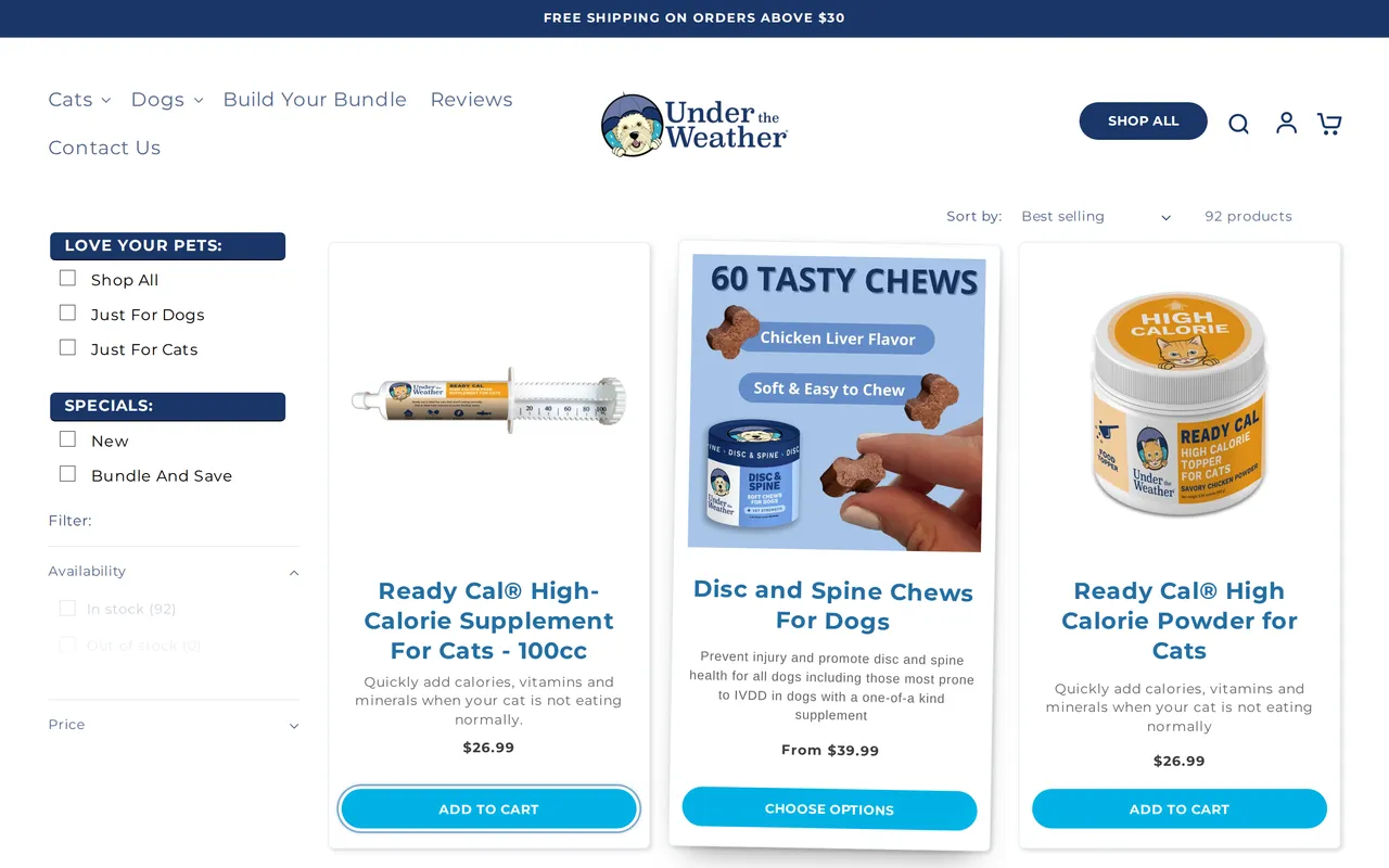 Under the Weather Pet Product Listing (PLP), category listing page, captured Oct 27, 2026