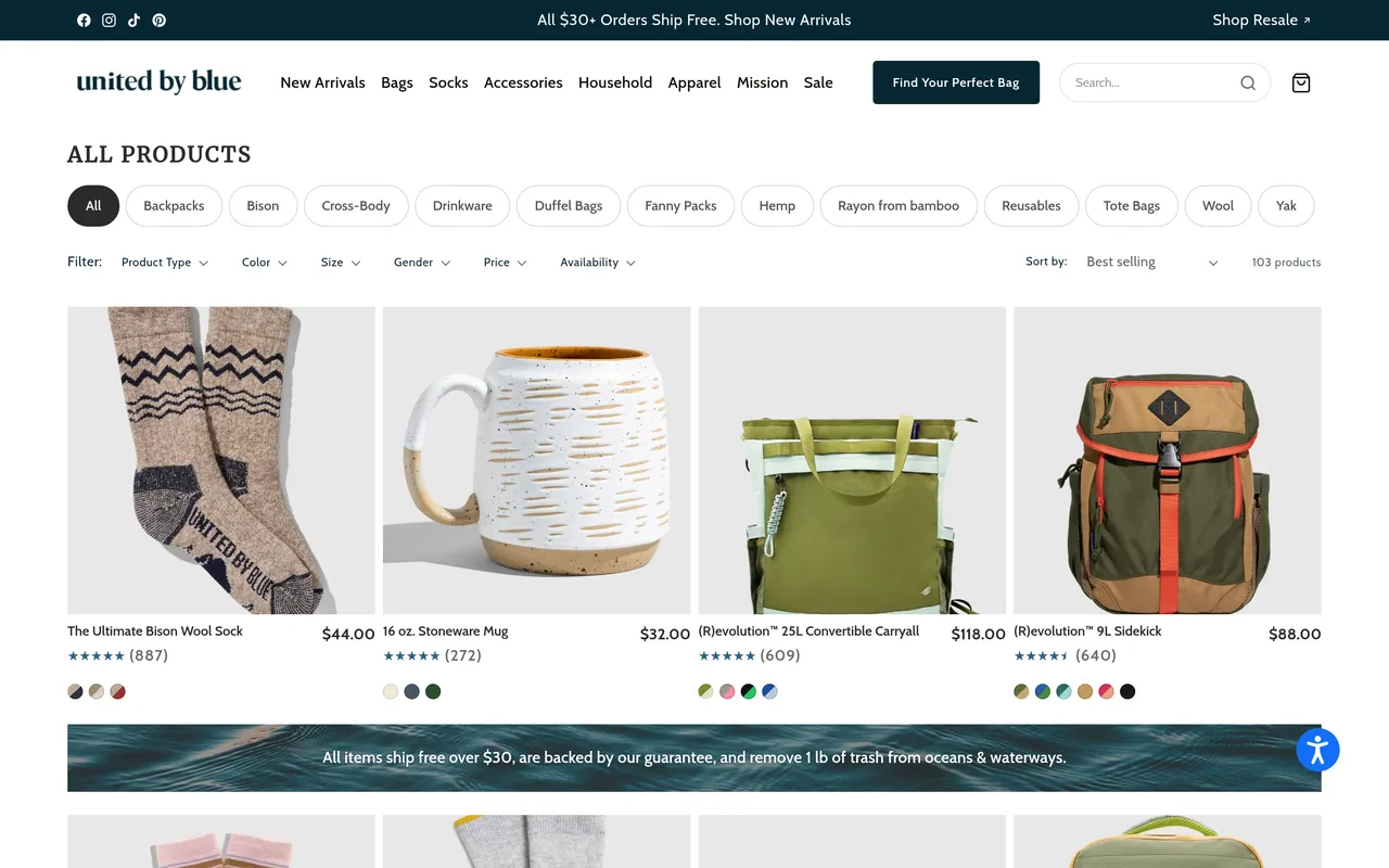 United By Blue Product Listing (PLP), category listing page, captured Oct 26, 2026