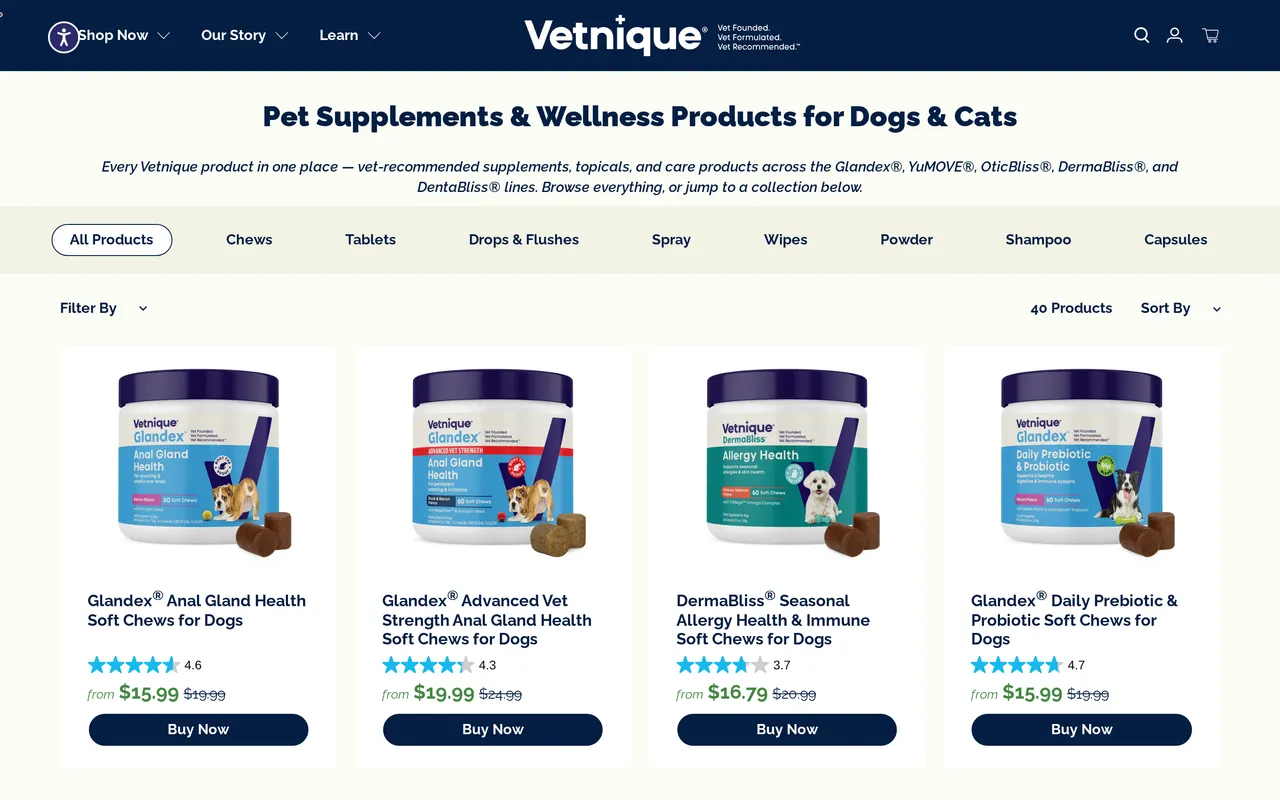 Vetnique Product Listing (PLP), category listing page, captured Oct 26, 2026