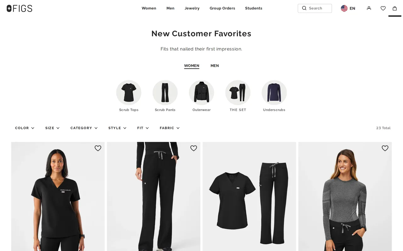 FIGS Product Listing (PLP), category listing page, captured Oct 26, 2026
