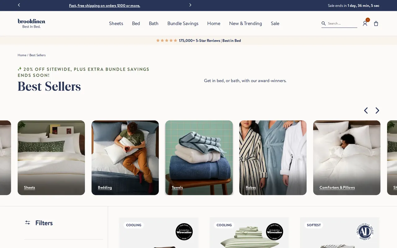 Brooklinen Product Listing (PLP), category listing page, captured Oct 26, 2026