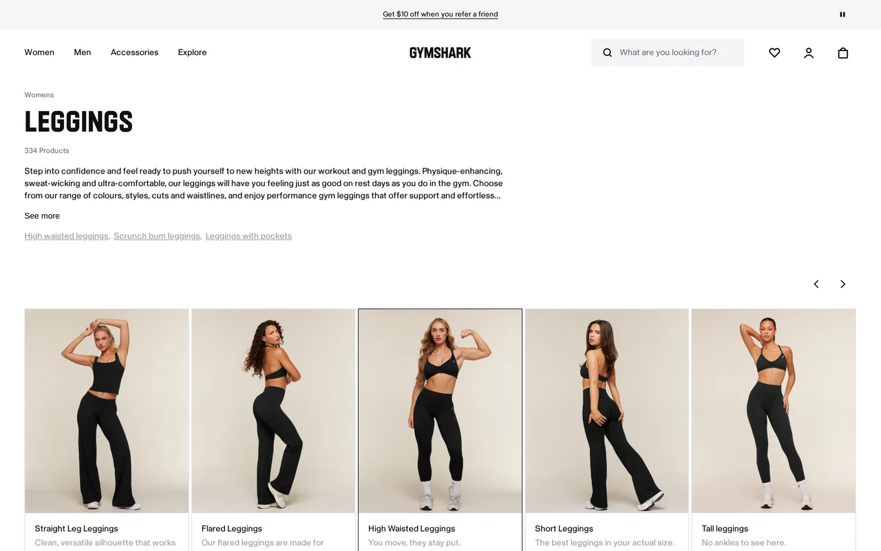 Gymshark Product Listing (PLP), category listing page, captured Oct 26, 2026