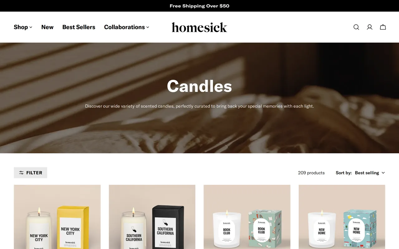 Homesick Product Listing (PLP), category listing page, captured Oct 26, 2026