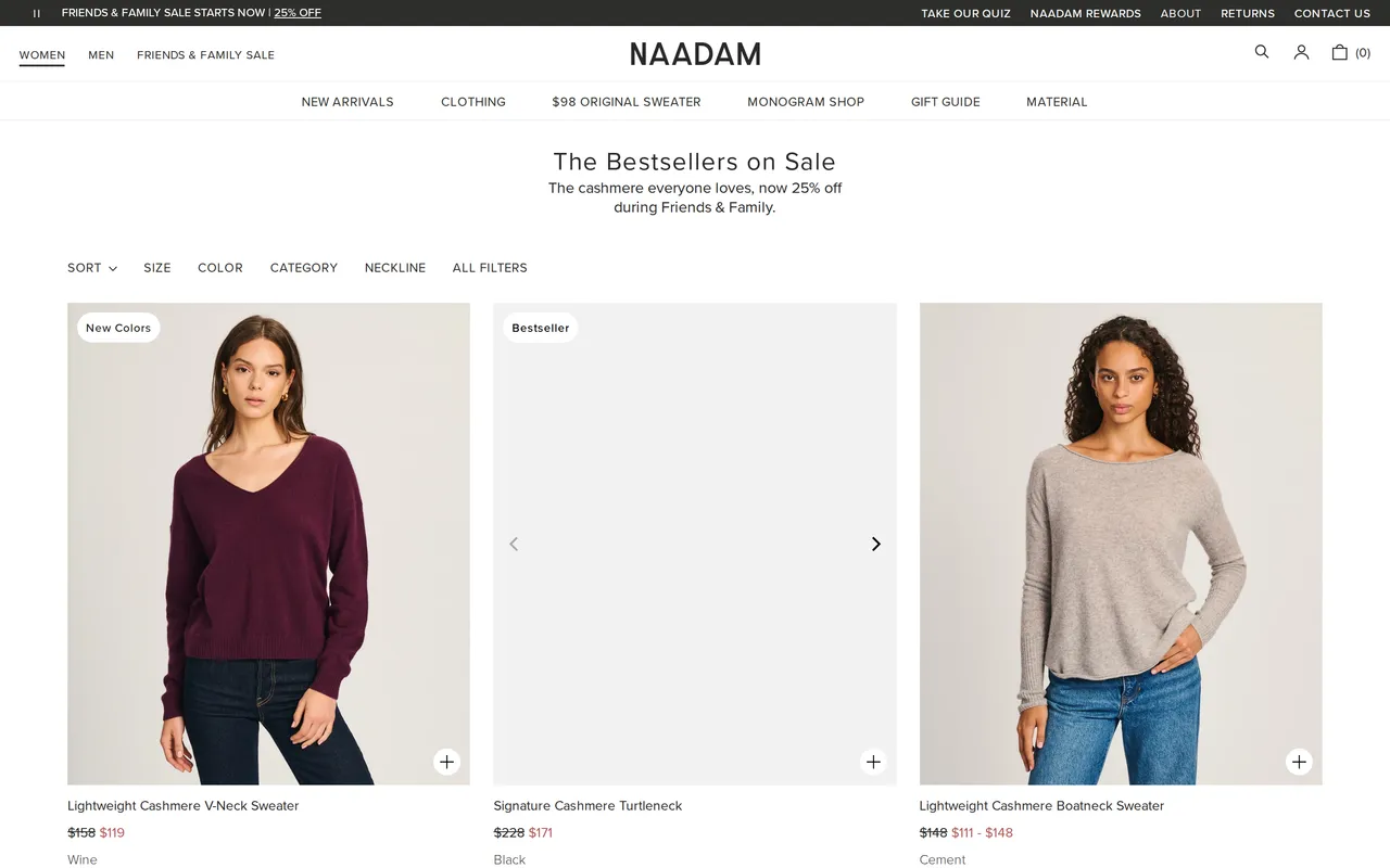 Naadam Product Listing (PLP), category listing page, captured Oct 26, 2026