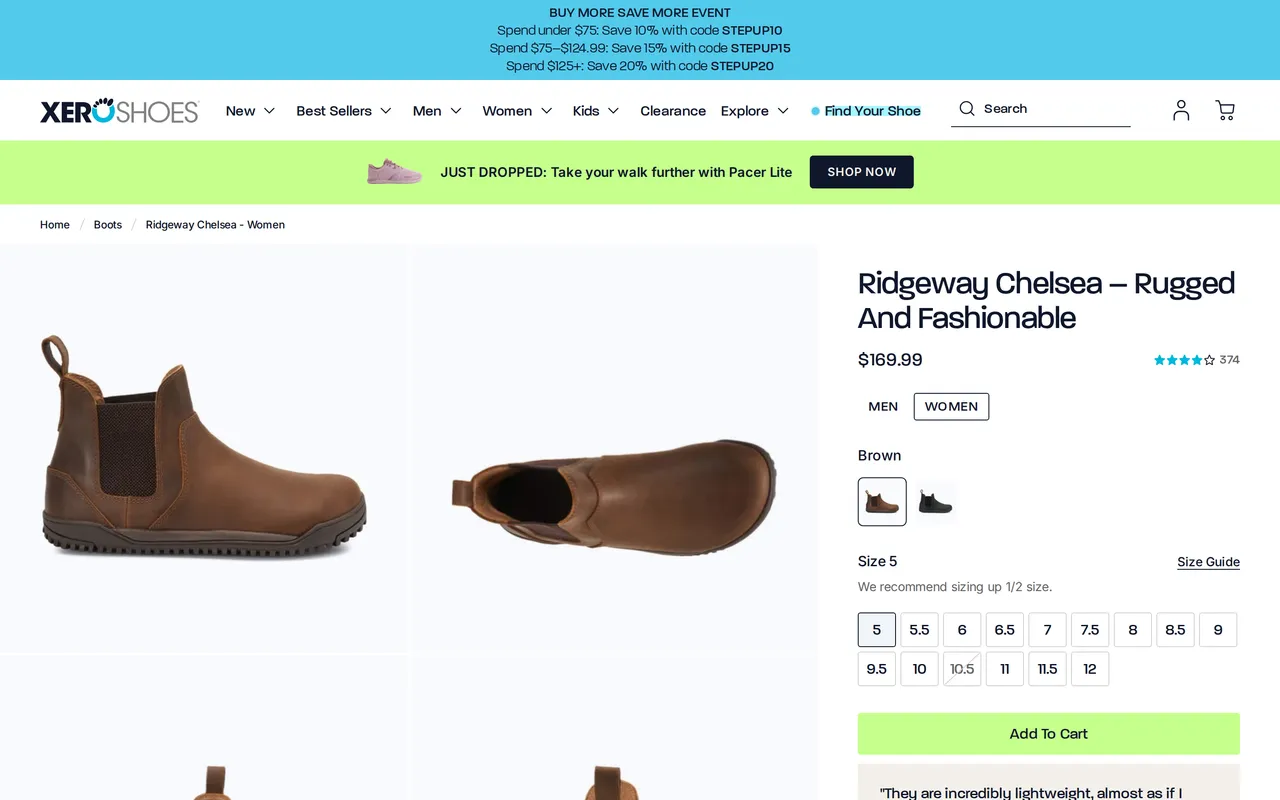 Xero Shoes Product Detail (PDP), product detail page, captured Oct 26, 2026