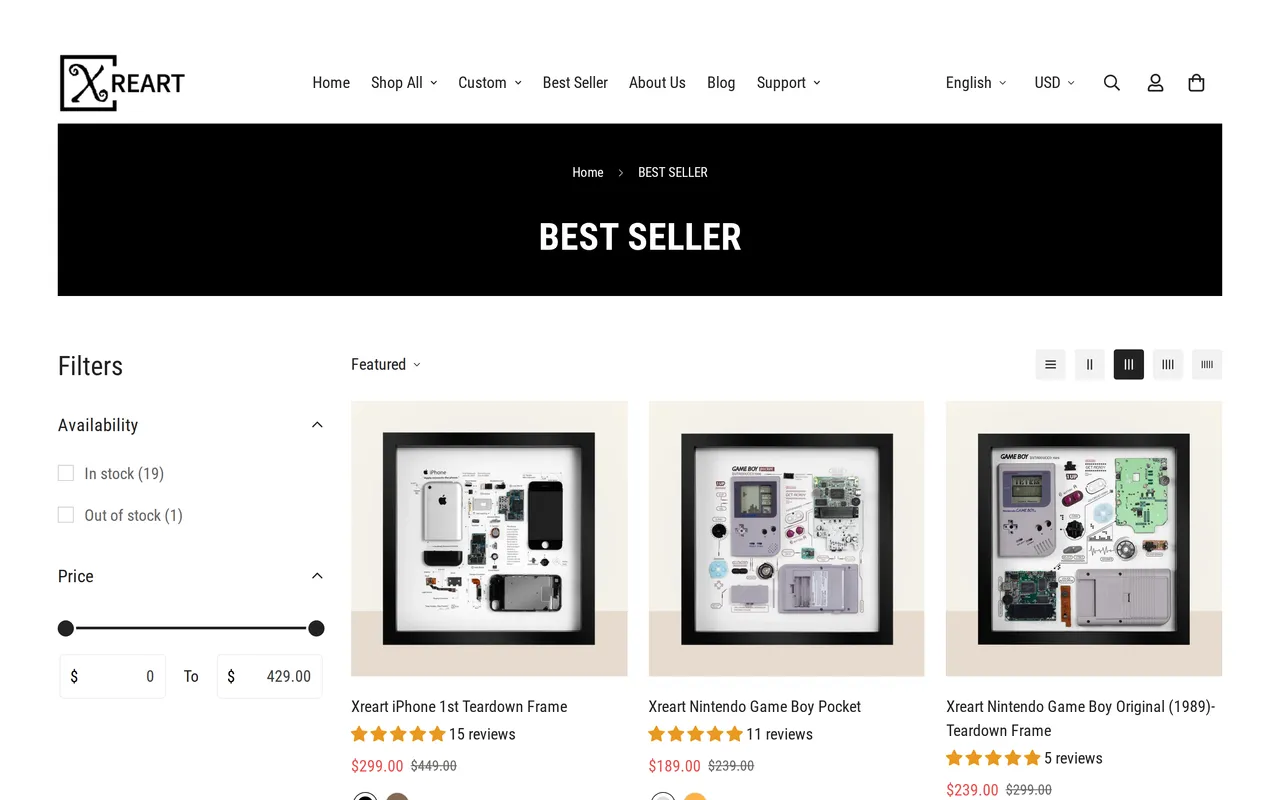 Xreart Product Listing (PLP), category listing page, captured Oct 26, 2026