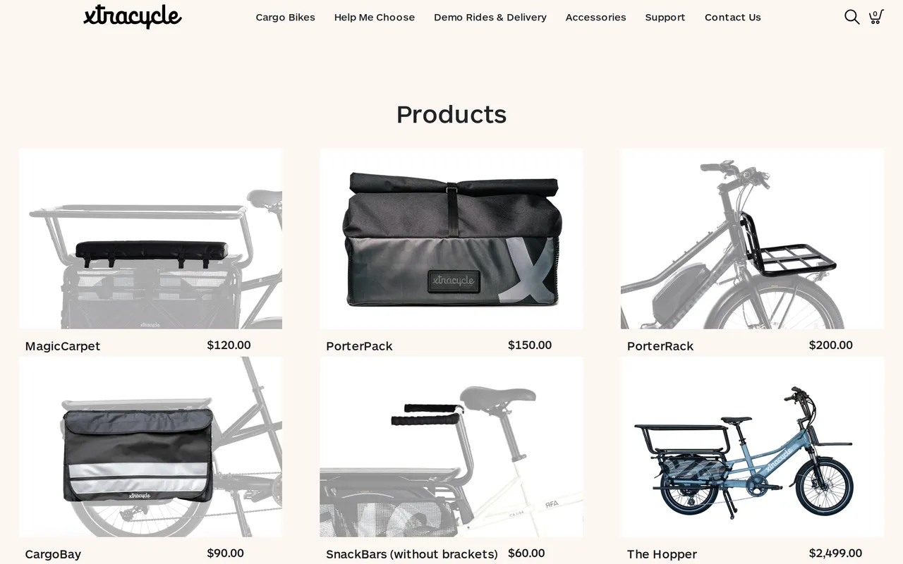 Xtracycle Product Listing (PLP), category listing page, captured Oct 26, 2026